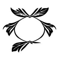 A symmetrical, black, and white decorative features a circular frame surrounded by stylized leaves, arranged in a balanced and elegant pattern. vector