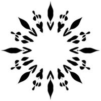 A minimalist black and white circular of stylized leaves and leaf clusters arranged symmetrically, radiating outward. vector