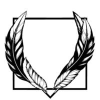 Black and white feather symmetrical arrangement of stylized plumage within a squareframed outline, minimalist and elegant. vector