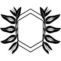 Black and white stylized illustration featuring a hexagonal frame encircled by ornamental leaves and botanical elements. vector