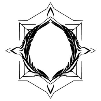 Intricate black and white geometric starburst , featuring a symmetrical featherlike frame with a central oval void, minimalist and elegant. vector