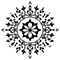 Intricate black and white floral mandala, radiating symmetrical patterns, centered around a stylized flower, leaves, and ornamental details on a white background. vector