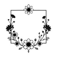 A stylized black and white floral frame with a square geometric border, showcasing a symmetrical arrangement of daisies, leaves, and buds, perfect for . vector