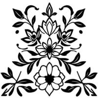Symmetrical Floral Pattern in Black and White with Leaves, Dots, and Curvilinear Designs. vector