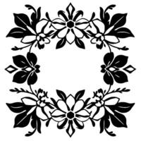 Intricate monochrome floral wreath illustration, featuring symmetrical arrangement of stylized blooms, leaves, and branches, centered on a negative space on a white background. vector