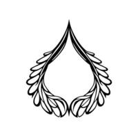 Black and white illustration of a symmetrical, stylized teardropshaped ornamental frame with a delicate, leafy , set against a plain white background. vector
