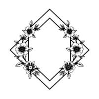 Elegant Black and White Floral Frame Geometric Double Rhombus Adorned with Botanical Elements and Artistic Minimalism. vector