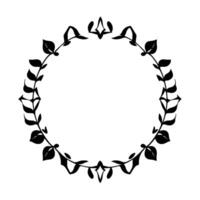 Elegant circular black and white floral wreath with decorative leaf and geometric elements, perfect for framing or accents. vector