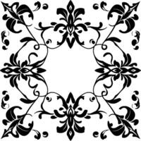 Symmetrical Black Floral Pattern with Ornate Leaves and Vines Forming a Square Frame on White Background. vector