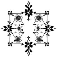 Elegant Black and White Floral Featuring Symmetrical Arrangement, Geometric Framework, and Decorative Foliage. vector