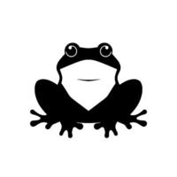 Smiling black silhouette of a frog with white triangular face, big eyes, and spreadout legs, set against a minimalist white background. vector