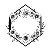 Black and white floral hexagon frame with detailed flower illustrations and negative space center, minimalist . vector