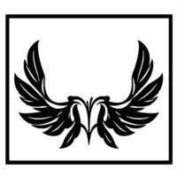 Symmetrical Black Feathered Wing within Square Frame on White Background, Decorative Abstract Emblem. vector