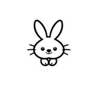 Simple, minimal line art illustration of a cute white bunny rabbit with large ears, round face, whiskers, and pink cheeks, centered on a blank white background. vector