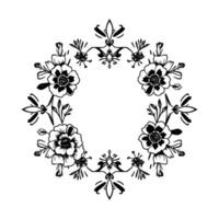 Elegant Black White Floral Wreath Handdrawn features symmetrical arrangement of detailed flowers and ornamental elements creating a delicate, classic frame. vector
