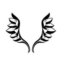 Symmetrical, stylized blackandwhite wings composed of layered leaflike elements, with a minimalist and ornamental aesthetic on a blank white backdrop. vector