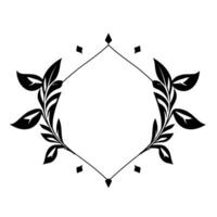 Elegant Black and White Geometric Frame with Leafy Embellishments, Diamond Accents, and Open Center on a White Background. vector