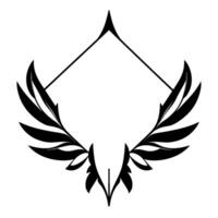 Elegant Black and White Illustration Stylized Winged Emblem with Diamond Frame and Decorative Leaf Elements. vector