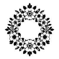 Black and White Floral Wreath Elegant Symmetry of Blooming Flowers and Leaves, with a Decorative Circular Frame . vector