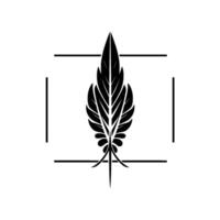 Bold, symmetrical black feather emblem, encased in a thin rectangular frame, on a pristine white background. vector