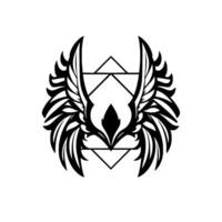 Abstract geometric featuring stylized wings and a central diamond shape intertwined with triangles, rendered in stark black and white, evoking a sense of power and elegance. vector