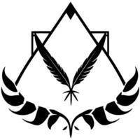 Black and White Geometric Emblem Featuring Quill Pens, Triangle, Square, and a Leafy WreathLike Frame. vector