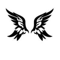 Symmetrical black angel wings , stylized with sharp edges and intricate feather details, set against a stark white background. vector