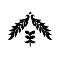 Symmetrical Black Leafy Crest With Pointed Leaf Sprig and Curved Branch Flourishes on White Background vector