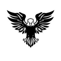 Black and White Eagle Emblem A stylized, symmetrical bird of prey with spread wings, bold lines, and a strong, intense gaze, showcasing power. vector