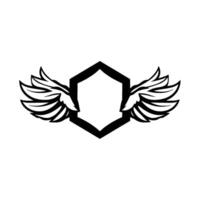 Black and White Crest a hexagonal emblem with feathery wings on each side, creating a symbol of freedom and protection against a blank background. vector