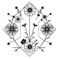 Black and White Floral Illustration Geometric Arrangement of Daisies, Buds, and Leaves Within a Diamond and Line Framework. vector