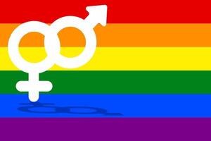 Rainbow Pride A vibrant rainbow flag with overlapping male and female symbols celebrates diversity and inclusivity. The design symbolizes unity and equality for all. vector