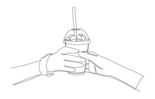 Continuous one line drawing of fruit smoothie vendor handing a glass of smoothie to the customer, street food concept, single line art vector