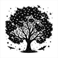 Tree With Bird Silhouette Flying. vector