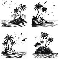 four different palm trees and birds on an island vector