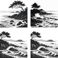 four different images of the ocean and trees vector