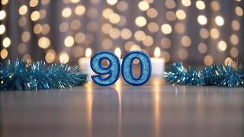 Blue number 90 in front of christmas lights photo