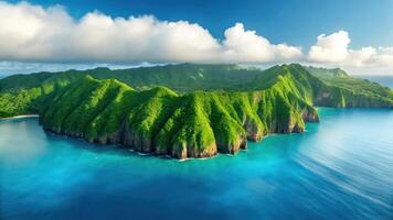 An aerial view of a tropical island with green mountains photo