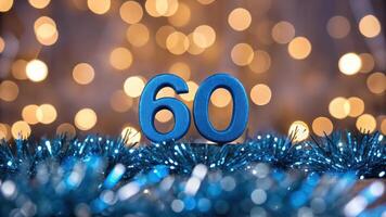 Blue 60th birthday number on a blurred background with bokeh lights photo