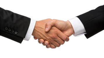 Two business people shaking hands over a white background photo