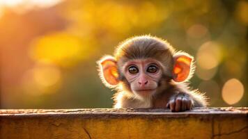 A baby monkey looking over a wooden fence photo