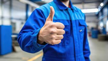 A man in a blue work suit giving the thumbs up photo