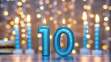 Blue candles with the number ten in front of a cake photo