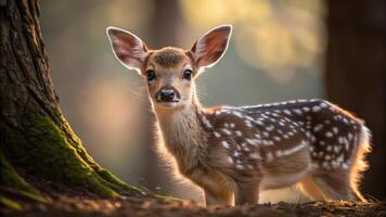 A baby deer stands in the woods photo