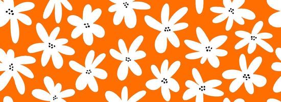 Hand drawn white flower seamless pattern. Floral repeating wallpaper for textile design, fabric, print, wrapping paper. Cute daisy flowers on red orange background. Repeated cute ditsy texture vector
