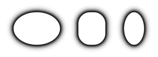 Black halftone ellipse frame set. Dotted gradient border collection. Pop art comic dot picture holder design for banner template, copy space, emblem, poster element. Rasterized framing back vector