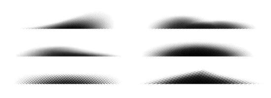 Halftone shadows set. Black dotted gradient stripes collection. Half tone textured shades pack for divide and separate. Horizontal pixelated grain line patterns. Noise dots and particles strips vector