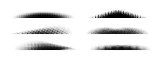 Halftone shadow set. Black dotted gradient stripes collection. Half tone textured shades pack for divide and separate. Horizontal pixelated grain line patterns. Noise dots and particles strips vector