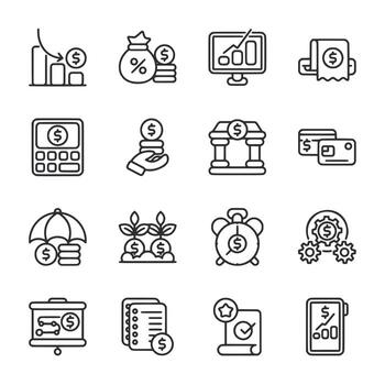 A set of money related icons including a calculator, a clock, and a check vector
