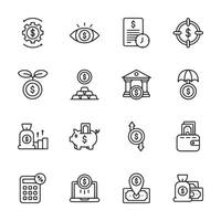 A set of money related icons including a piggy bank, a bank, a wallet vector
